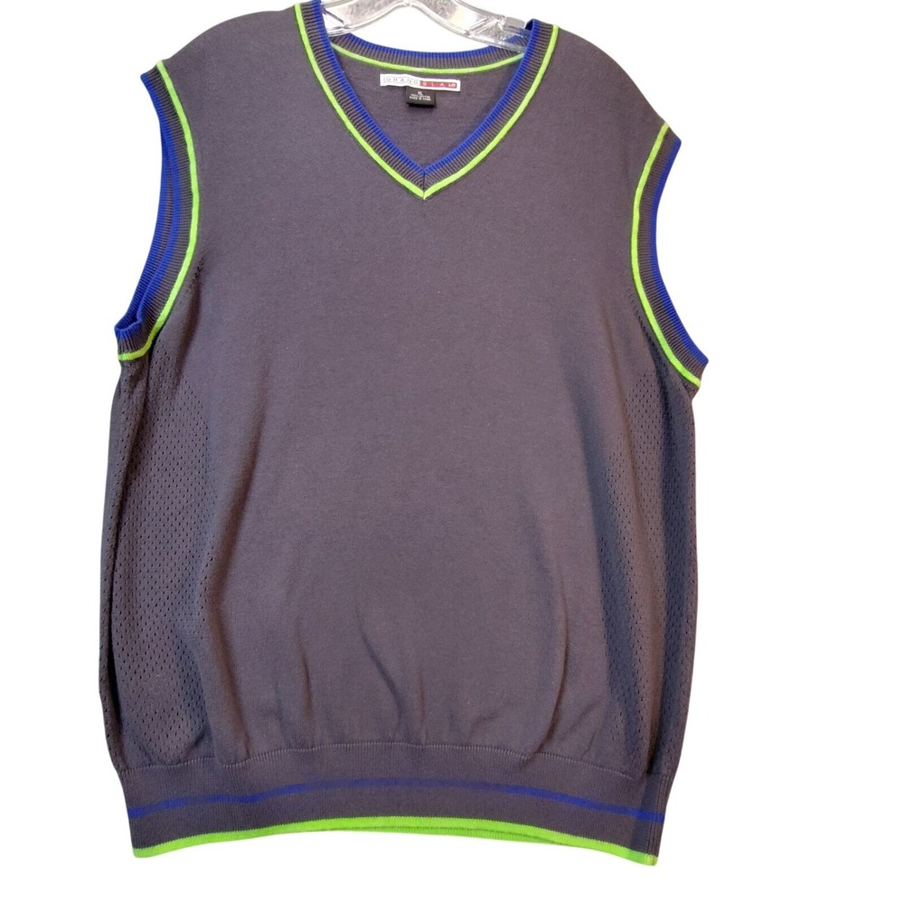 Grand Slam Sweater Vest Men XL V-Neck Mesh Sides Gray Blue Green Trim Good